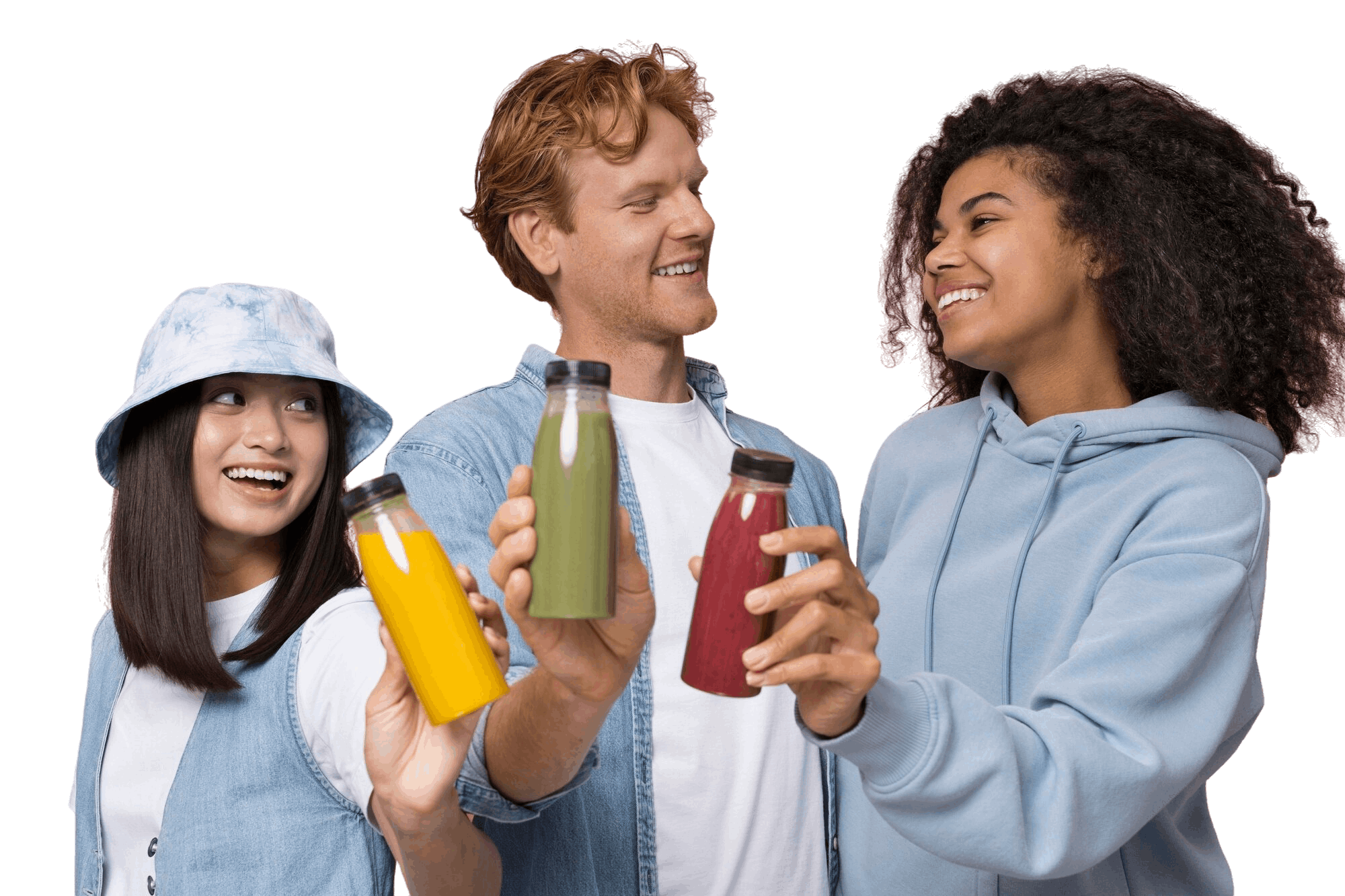 Happy three teengers hodling each juice